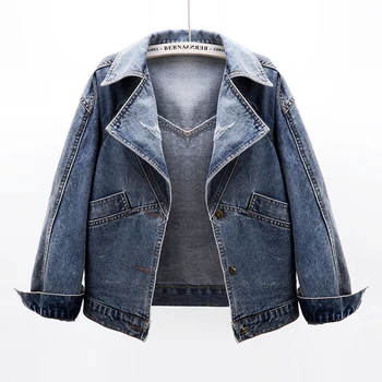 Демисезонная Модная Короткая джинсовая куртка Женская Корейская Винтажная джинсовая куртка с длинным рукавом, женская джинсовая куртка с большим карманом, Тонкое джинсовое пальто