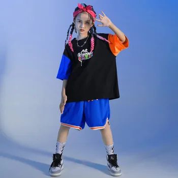 Детская одежда в стиле хип-хоп, футболка с графическим принтом, футболка оверсайз, топ, Летние спортивные шорты для девочек и мальчиков, костюм для джазовых танцев, одежда