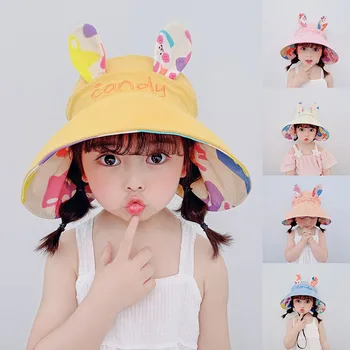 Детская солнцезащитная шляпа, летняя кепка с большим карнизом для мальчиков и девочек, двусторонний пустой цилиндр, шляпа с милыми заячьими ушками, козырек от солнца