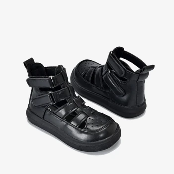 Детские Летние ботинки Унисекс 2023, Полый крючок и петля, детская мода для мальчиков и девочек, однотонная обувь для британских детей в римском стиле, Простая