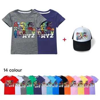 Детские летние футболки с мультяшным медведем + шапки для детей, топы с алфавитом, повседневная одежда с короткими рукавами для мальчиков и девочек-подростков