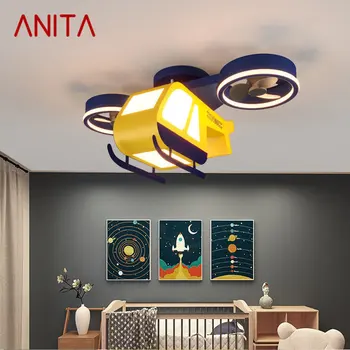 Детские потолочные вентиляторы ANITA с дистанционным управлением, 3 Цвета, светодиодная Мультяшная лампа в виде самолета с регулируемой яркостью, для дома, детской комнаты, детского сада