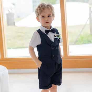 Детский весенне-летний комплект жилетов в британскую полоску для мальчиков, свадебное платье на день рождения, детский жилет, шорты с бабочкой