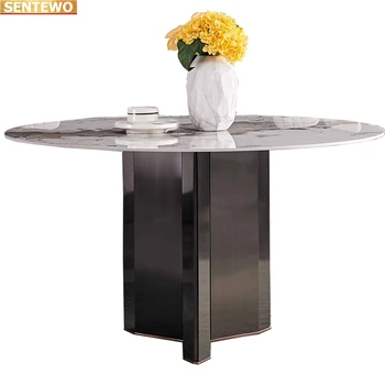 Дизайнерская роскошная круглая кухня из мраморной плиты обеденный стол с 8 стульями mesa de jantar tablo furniture Мраморное основание из углеродистой стали