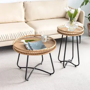 Дизайнерское японское плетение из ротанга, круглое бревно, маленький журнальный столик для маленькой квартиры, приставной столик из кованого железа, угловой столик на балконе