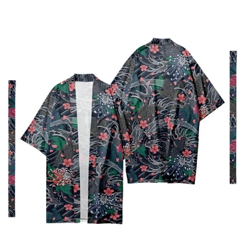 Длинное кимоно с рисунком японской сакуры, кардиган, мужской костюм самурая, кимоно, традиционная рубашка-кимоно