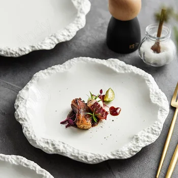 Европейская керамическая обеденная тарелка Декор бордюра с текстурой камня Тарелки для фруктовых салатов На рабочем столе в столовой Десертное блюдо Украшение дома