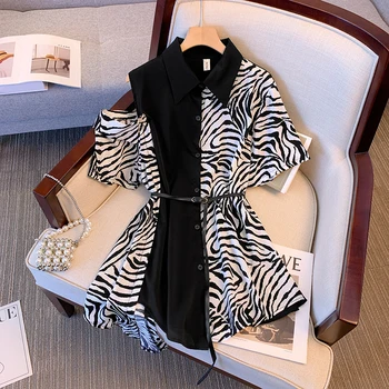 Женская летняя одежда для полных женщин Большого размера в Западном стиле с леопардовым сочетанием Цветов, Дизайнерское платье-рубашка нерегулярной формы
