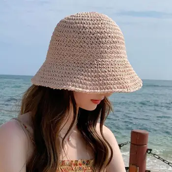 Женская летняя шляпа Из плетеной соломы Солнцезащитная шляпа-ведро Складная широкополая Полая дышащая пляжная шляпа с солнцезащитным кремом
