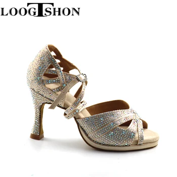 Женская обувь на каблуке LOOGTSHON для танцев сальсы, женские босоножки на платформе, серебряные танцевальные туфли со стразами для выступлений в помещении