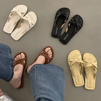 Женская обувь, пляжные сандалии, Женские желтые тапочки на платформе, пляжные шлепанцы на плоской подошве с открытым носком, высококачественные женские шлепанцы 2023