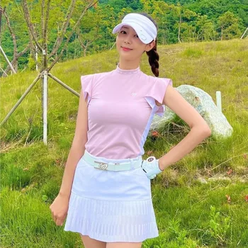 Женская футболка для гольфа с коротким рукавом, летний топ со стоячим воротником и рюшами, модная эластичная дышащая женская одежда для гольфа