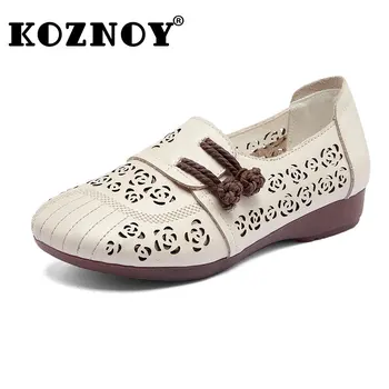 Женские мокасины Koznoy 2,5 см с этническим узлом, летние удобные лоферы на плоской подошве с круглым носком и мягкой подошвой, новинка, полые туфли из натуральной кожи