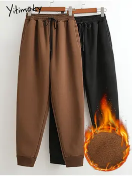 Женские спортивные штаны из флиса Yitimoky, осень-зима, плотные теплые мешковатые брюки длиной до щиколоток, офисные женские спортивные брюки с эластичной талией
