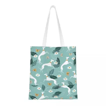 Женские сумки через плечо с борзой и бабочкой, холщовая сумка для собак, милая сумка для покупок большой емкости, повседневная холщовая сумка