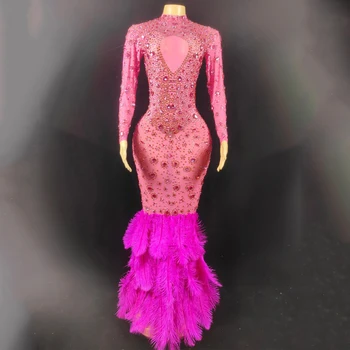 Женский костюм для празднования Дня рождения, Розовое платье со стразами, вечерние платья из перьев, праздничный наряд, платье для подиума XS6298