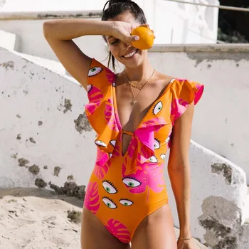 Женский оранжевый купальный костюм с треугольными складками и цветочным принтом, бразильский комплект бикини, купальники, летняя пляжная одежда