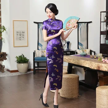 Женское Китайское платье Чонсам с цветочным принтом, Винтажный воротник-стойка, Элегантное Длинное Ципао, Традиционные свадебные платья Ципао с разрезом