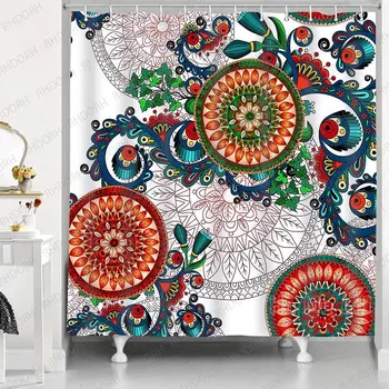 Занавеска для душа в богемном стиле с цветочным рисунком, весеннее растение, Мандала, индийское искусство, набор для украшения ванной комнаты с 12 крючками