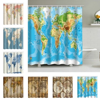 Занавеска для душа из полиэстеровой ткани с картой мира и географией стран и океанов, занавески для декора ванной комнаты 29EA
