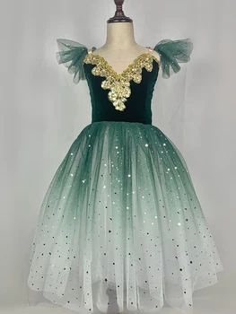 Зеленая балетная юбка-пачка для девочек, платье для выступлений, пышная юбка на бретельках, балетное платье для танцев, блестящая сценическая танцевальная одежда