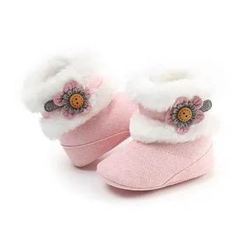 Зимние теплые меховые ботинки с цветочным рисунком для новорожденных девочек длиной до середины икры, без застежки, 0-18 м, новые