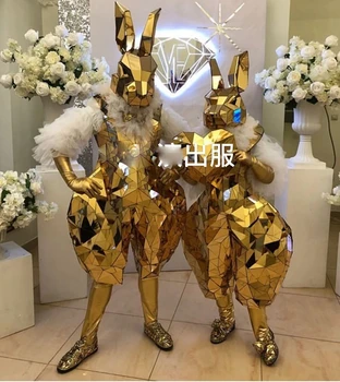 Золотой стеклянный блестящий зеркальный костюм кролика Lucky Bunny Косплей Шоу наряд певицы танцевальный Панк Клубный сценический костюм