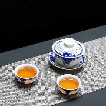Изысканный сине-белый керамический чайный сервиз Gaiwan, 1 банка, 2 чашки, Непревзойденная чайная чашка Gai wan, фарфоровый китайский чайный сервиз кунг-фу