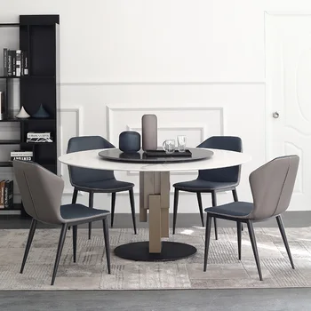 Итальянская легкая роскошная каменная плита круглый стол сочетание стульев ресторан простой современный бытовой круглый стол с поворотным столом