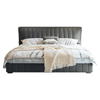 Итальянская минималистичная кожаная кровать, легкая роскошная мягкая сумка, двуспальная кровать, главная кровать, современная и простая кровать из воловьей кожи черного верхнего слоя