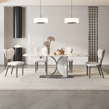 Итальянский минималистичный обеденный стол из светлого камня, современный минималистичный бытовой прямоугольный обеденный стол и стул из серой стали
