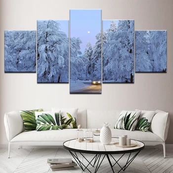 Картина на холсте с пейзажем снежного леса, 5 предметов настенной живописи, модульные обои, принт плаката, украшение дома