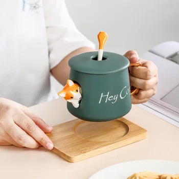Керамическая кофейная кружка Cute Corgi поставляется с крышкой, ложкой, стаканами для питья, парами для домашнего офиса, чашкой Каваи, красивыми чайными кружками