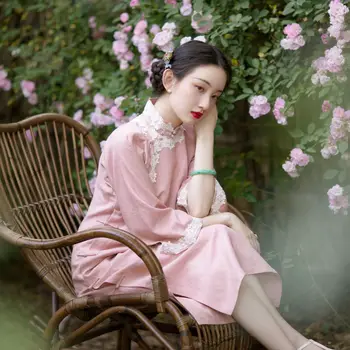 Китайский стиль, Повседневный Короткий стиль, Чонсам, Милая девушка, Кружевной Розовый Длинный Чонсам с семиконечным рукавом.