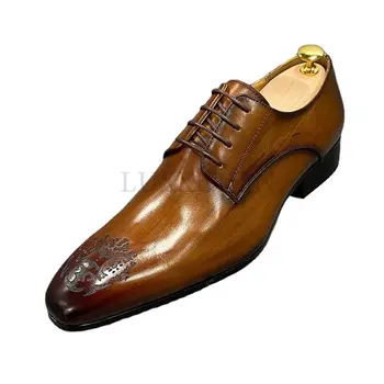 Классические деловые туфли мужские Оксфорды-дерби из натуральной кожи с острым носком, модные туфли на шнуровке, высококачественная офисная свадебная официальная обувь, мужские