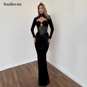 Классические Черные вечерние платья Smileven с длинным рукавом и высоким воротом, расшитые бисером, халат De Soirée, сексуальное вечернее платье для выпускного вечера 2023 года.