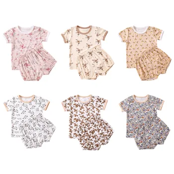 Комплект одежды для новорожденных мальчиков и девочек, летний топ с коротким рукавом и шорты, модный принт, домашняя одежда из 2 предметов для малышей