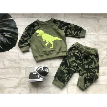 Комплекты повседневной одежды для маленьких мальчиков FOCUSNORM 0-24 м, толстовка с длинными рукавами и принтом динозавра, камуфляжные штаны