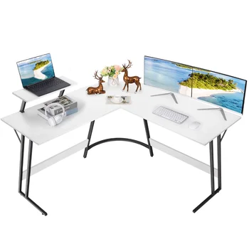 Компьютерный стол L-образной формы, современный угловой письменный стол с маленьким столиком, белый