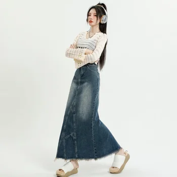 Корейская модная джинсовая юбка для женщин, весна 2023, джинсовые юбки с высокой талией и рыбьим хвостом, Винтажная Уличная юбка с разрезом, модная юбка Y2K, одежда
