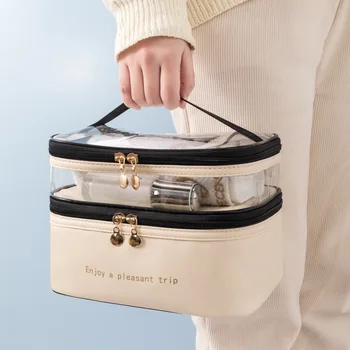 Косметичка Двухслойная Однотонная Прозрачная сумка-органайзер для макияжа Водонепроницаемые дорожные портативные сумки для хранения большой емкости