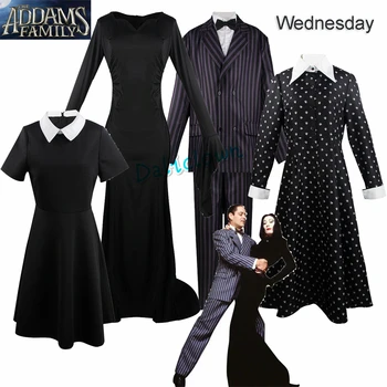 Костюм Wednesday Addams Для детей, платье Morticia Maxi для девочек, платье для женщин, костюм Гомес для косплея, семейная вечеринка, выпускной вечер, костюм на Хэллоуин, Парик