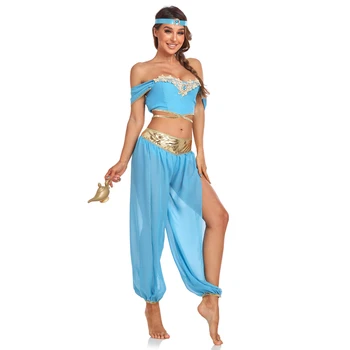 Костюм арабской принцессы на Хэллоуин Для взрослых, женственное сценическое платье принцессы Жасмин, топ с вуалью, Брюки для танца Живота, костюм для танца живота