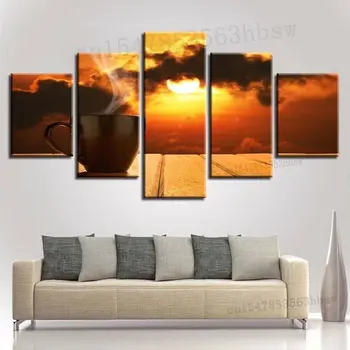 Кофейный плакат Sunrise, 5 панелей, печать на холсте, настенное искусство, домашний декор, HD Печать фотографий, картины из 5 частей