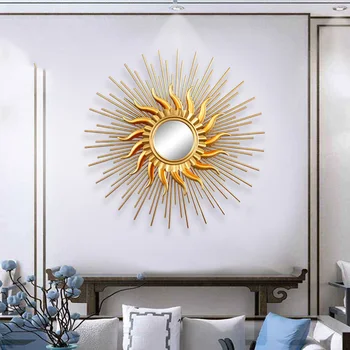Креативное украшение стен металлическим Солнечным зеркалом, роскошные украшения из кованого железа, поделки для домашнего фона, настенные росписи в лобби ресторана