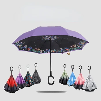 Креативный двухслойный зонт с обратной стороной, длинный стержень, С-образная ручка, автомобильный зонт, солнечный и дождливый зонт, может стоять