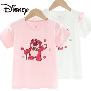 Кружевная футболка с короткими рукавами Disney Strawberry Bear Для девочек, Хлопковая детская летняя футболка с круглым вырезом и коротким рукавом для девочек