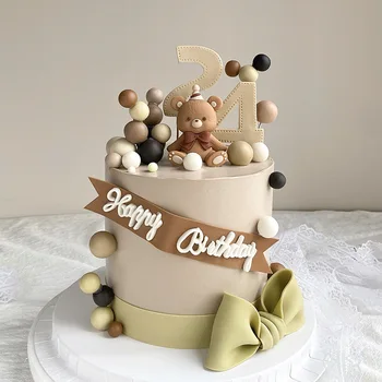 Кукла-мишка с коричневым бантом, топпер для торта, шарик из пенопласта цвета Земли, украшения для торта с Днем рождения, для влюбленных в детский душ, Принадлежности для свадебной вечеринки