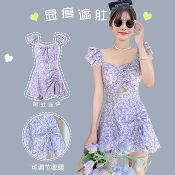 Купальный костюм для женщин, платья, Купальник с цветочным рисунком, студенточка, закрывающий живот, Горячая весна, Маленькая грудь, платье в корейском стиле