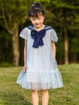 Летние Милые платья для маленьких девочек, тонкие Светло-голубые с блестками и бантом, стиль колледжа, от 4 до 11 лет, детское платье принцессы, одежда для дня рождения